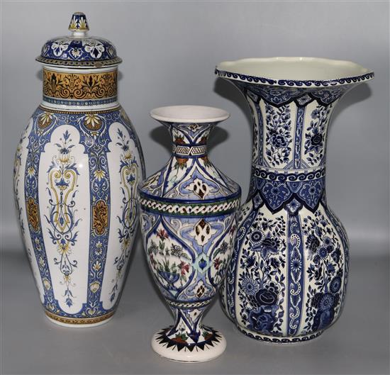 A large lidded Sarreguemines vase and two others
